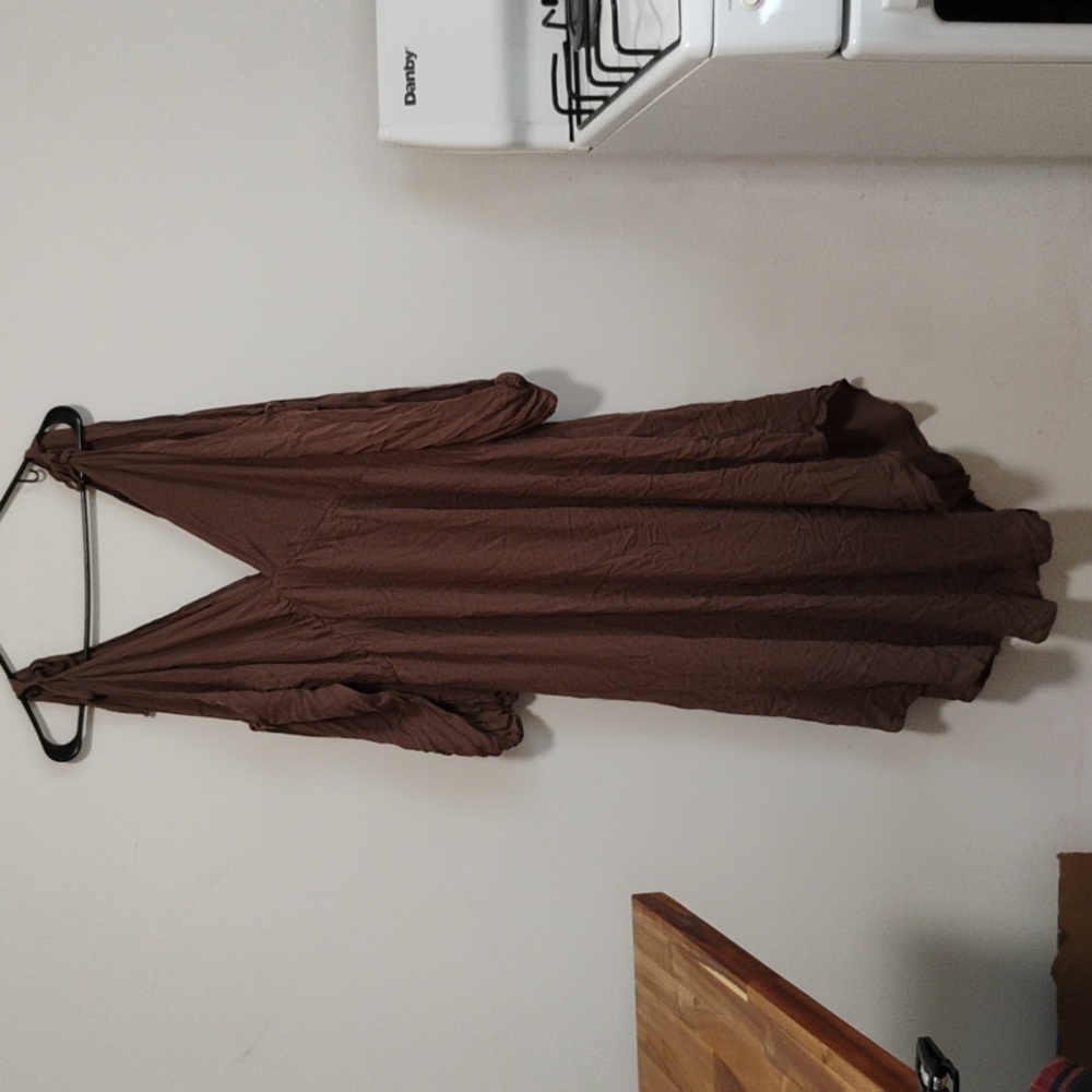 Threadsence | Tan Grecian-Cut Cold-Shoulder Asymmetrical Maxi Dress | Women's M